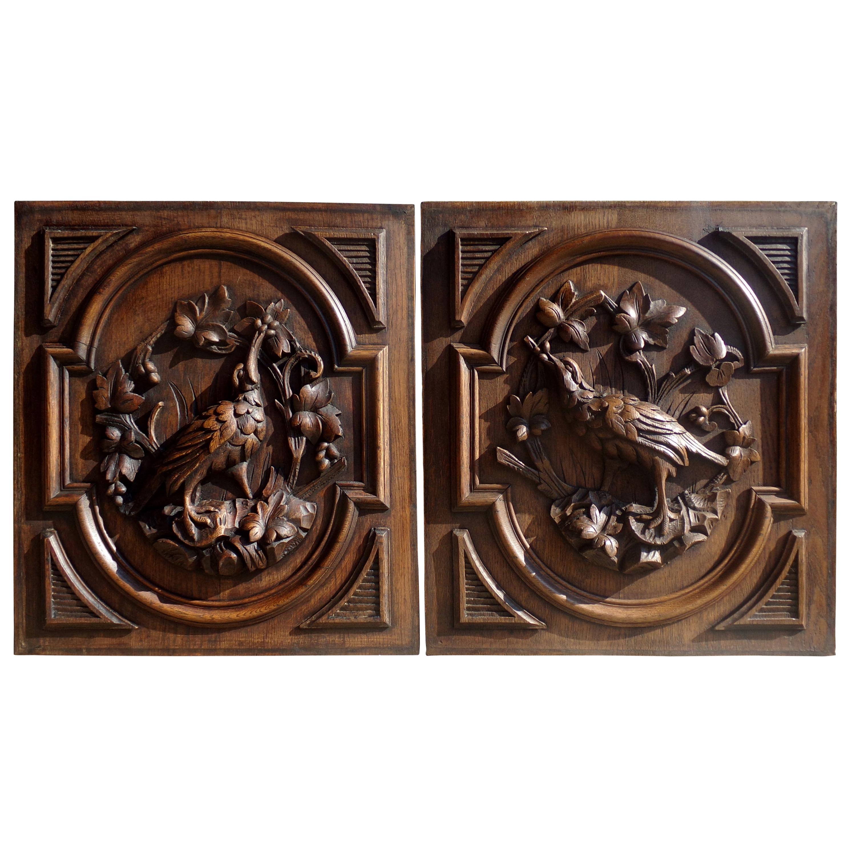 Pair of Large Hand Carved Bird Panels, circa 1890 For Sale