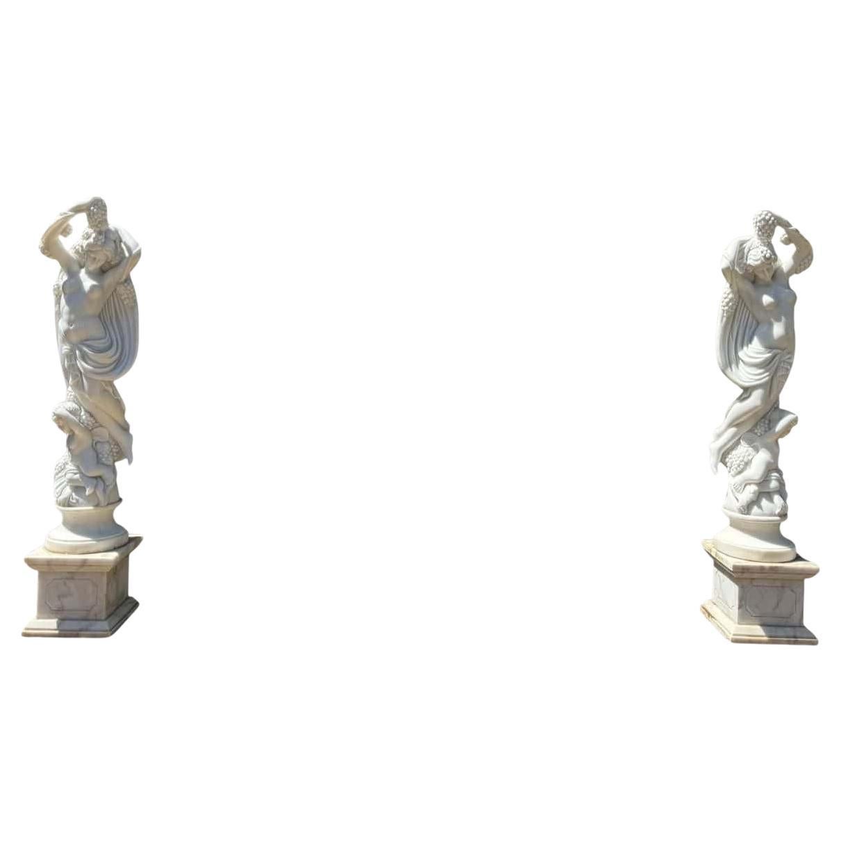 Pair of Large Hand-Carved Carrara Marble Female Sculptures 230 CM HIGH For Sale