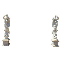 Pair of Large Hand-Carved Carrara Marble Female Sculptures 230 CM HIGH