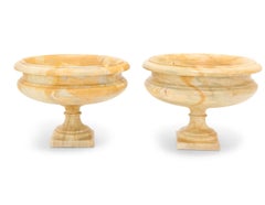 Pair of Large Hand-Carved Marble Urns on Classical Round Pedestals — 20th Centur