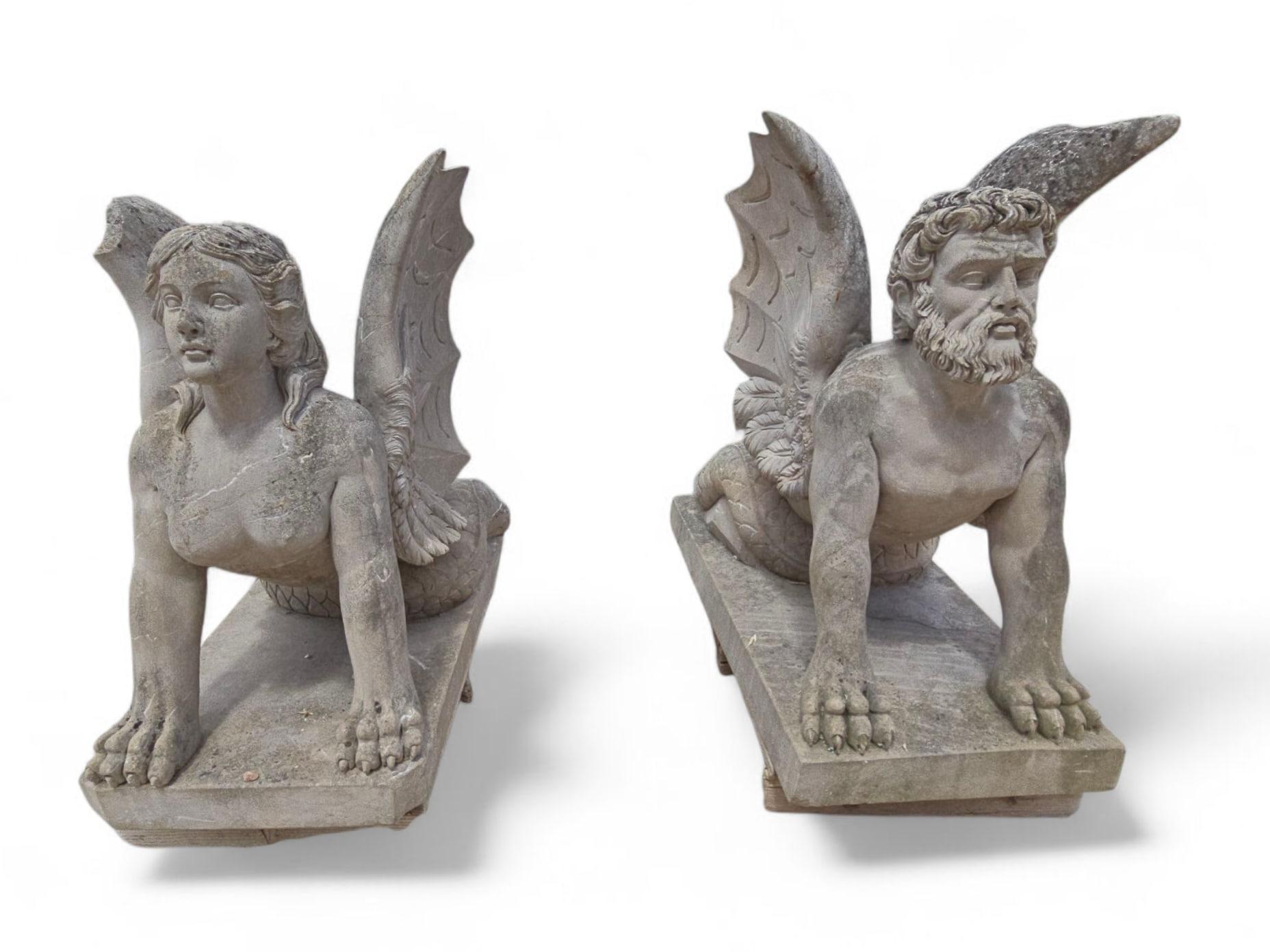 Pair of Large Hand-Carved Stone Sphinx Sculptures, Italy, 1950s For Sale 8