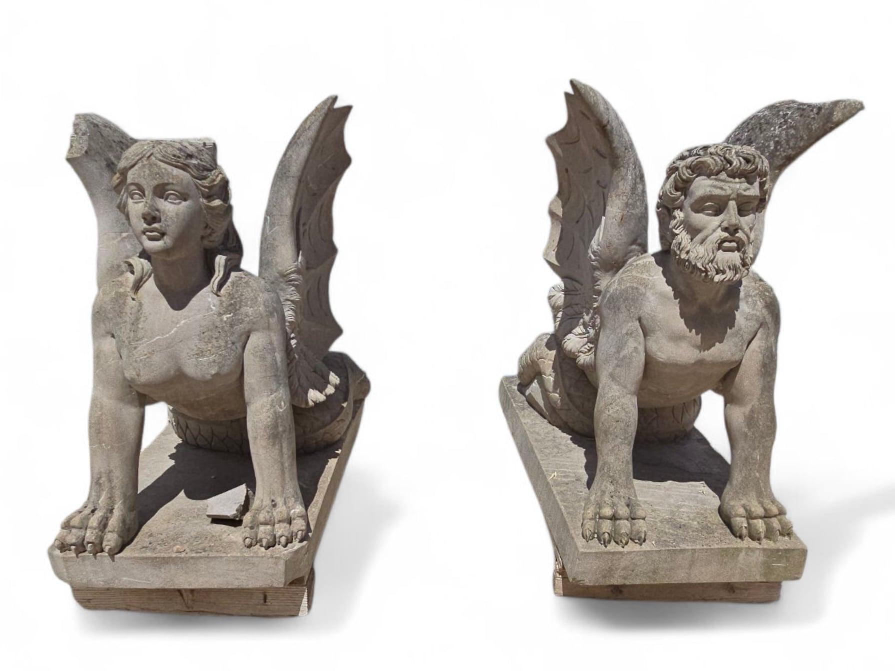 Pair of Large Hand-Carved Stone Sphinx Sculptures, Italy, 1950s In Good Condition For Sale In Madrid, ES