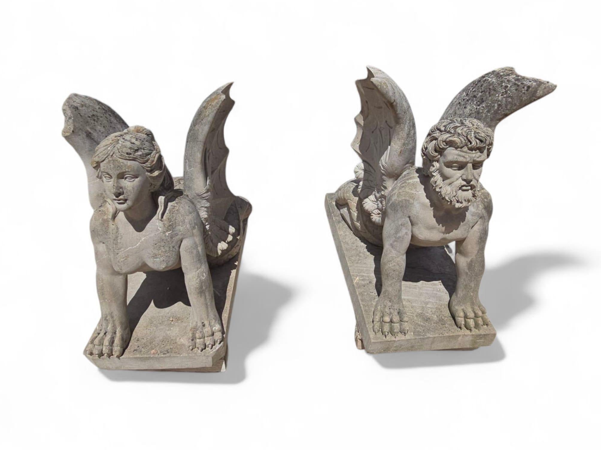 20th Century Pair of Large Hand-Carved Stone Sphinx Sculptures, Italy, 1950s For Sale