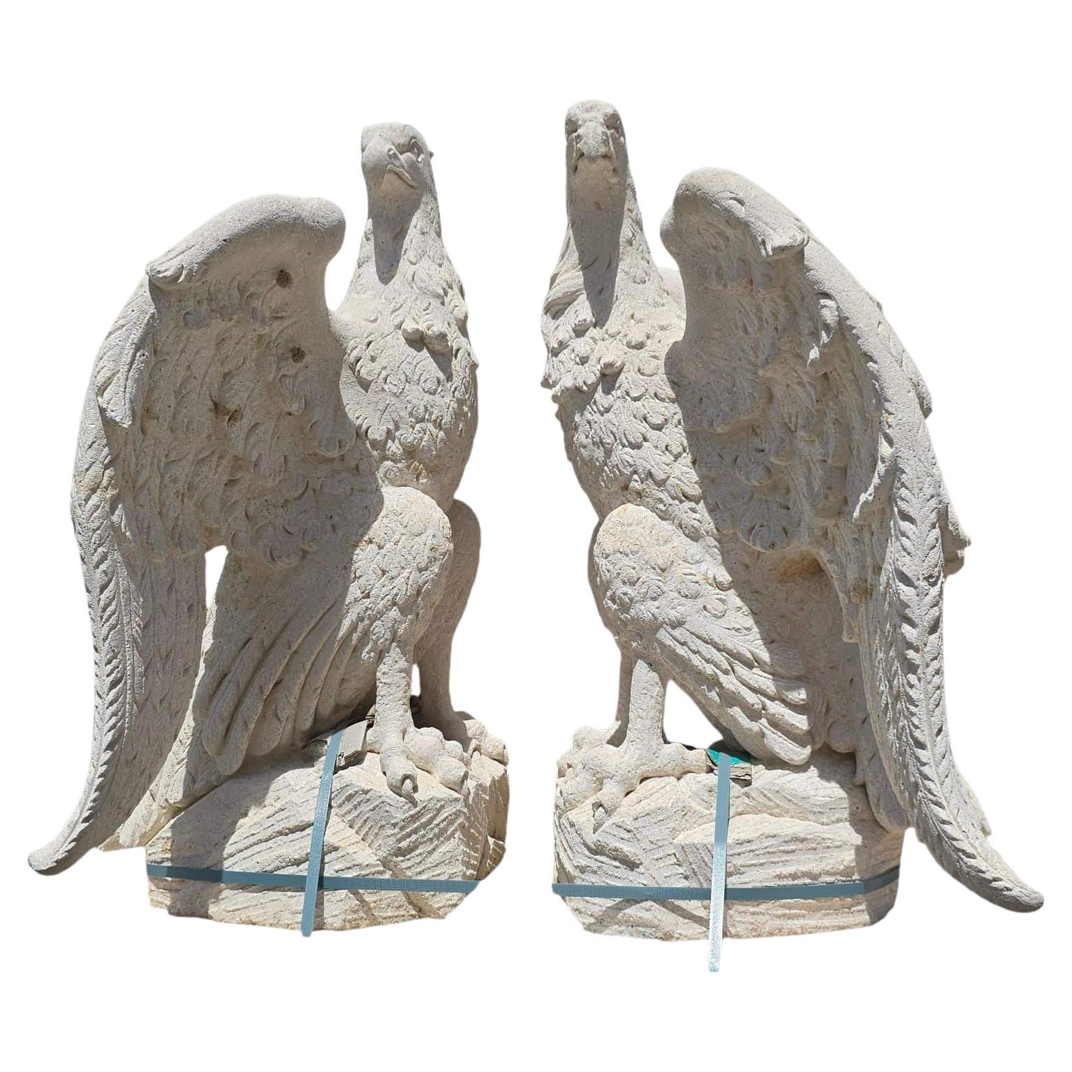 Pair of Large Hand-Carved Vicenza Stone Eagles, Italy