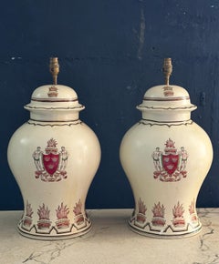 Pair of Large Hand-Painted Armorial Ceramic Lamps with Heraldic Wild Men