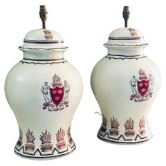 Pair of Large Hand-Painted Armorial Ceramic Lamps with Heraldic Wild Men