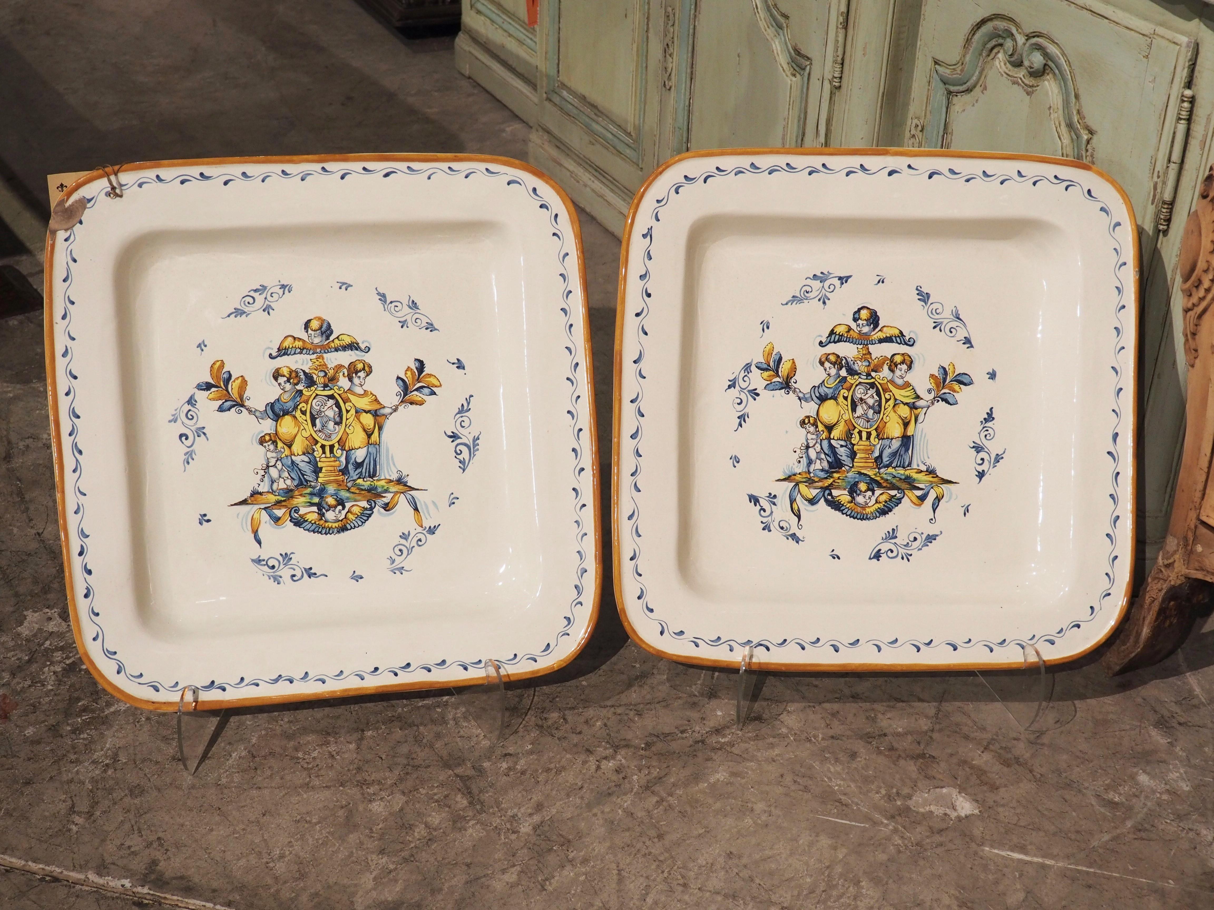 Pair of Large Hand Painted Ceramic Square Platters from Italy For Sale 11