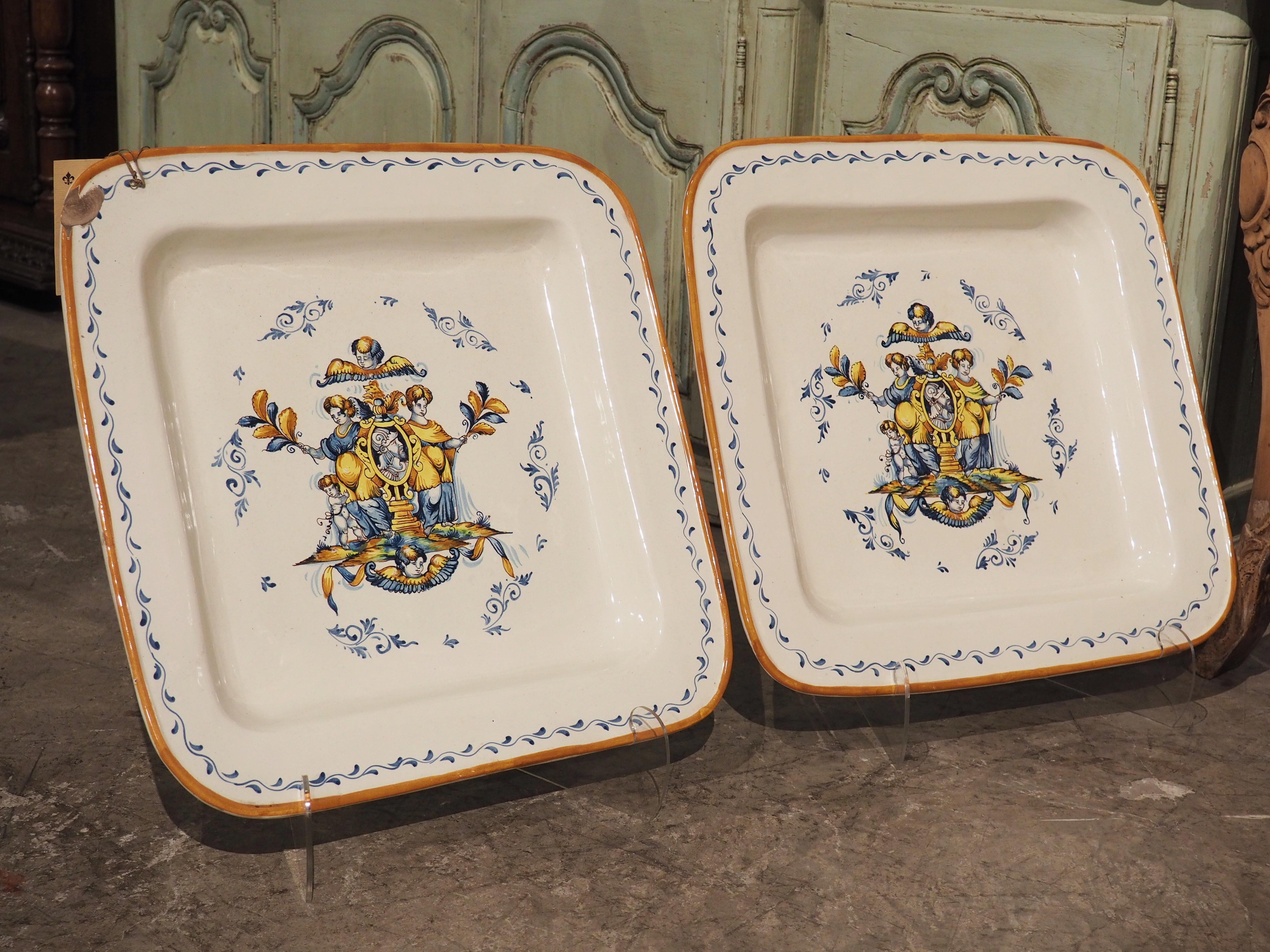 Renaissance Pair of Large Hand Painted Ceramic Square Platters from Italy For Sale