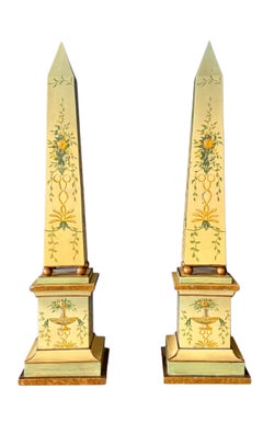 Pair of Large Hand-Painted Decorative Tole Obelisks