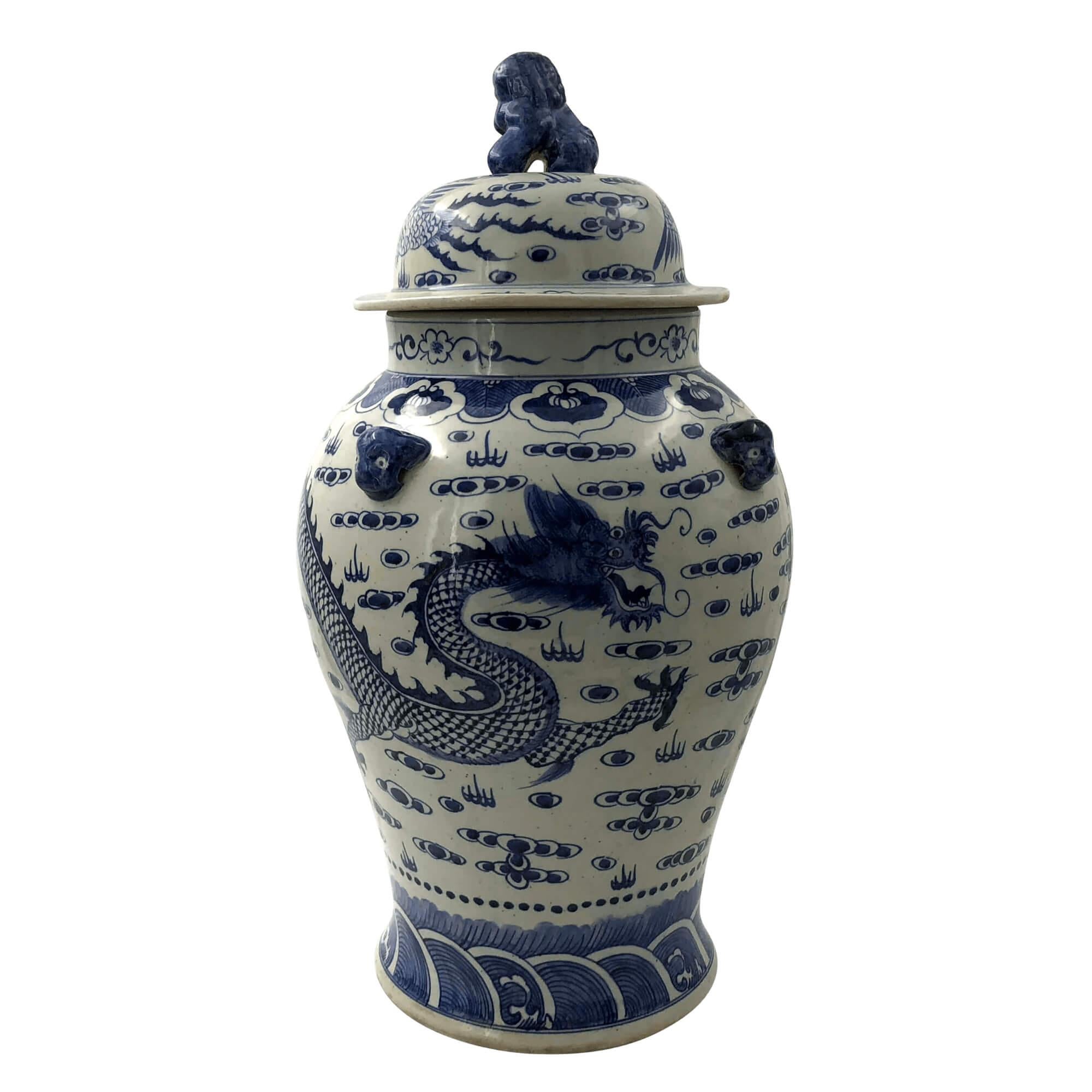 Large hand-painted Chinese export blue and white lidded Ginger jars decorated with dragon phoenix patterns. 

Dimensions: 14.25