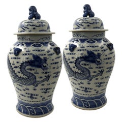 Pair of Large Hand-Painted Dragon Ginger Jars