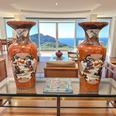 Pair of Large Hand-Painted Enameled Porcelain Vases, Japan, Meiji, 19th Century