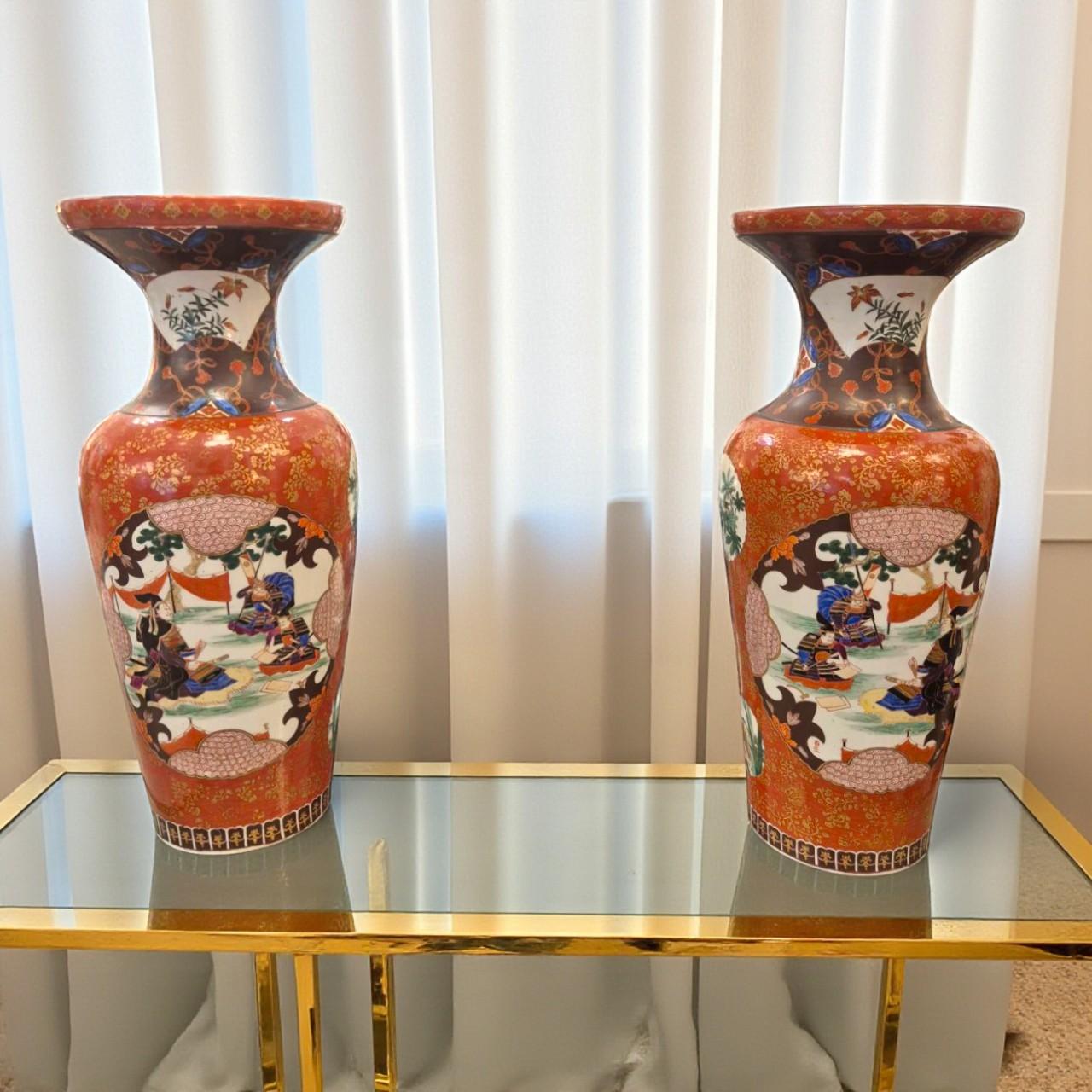 Chinese Pair of Large Hand-Painted Enameled Porcelain Vases, Japan, Meiji, 19th Century For Sale