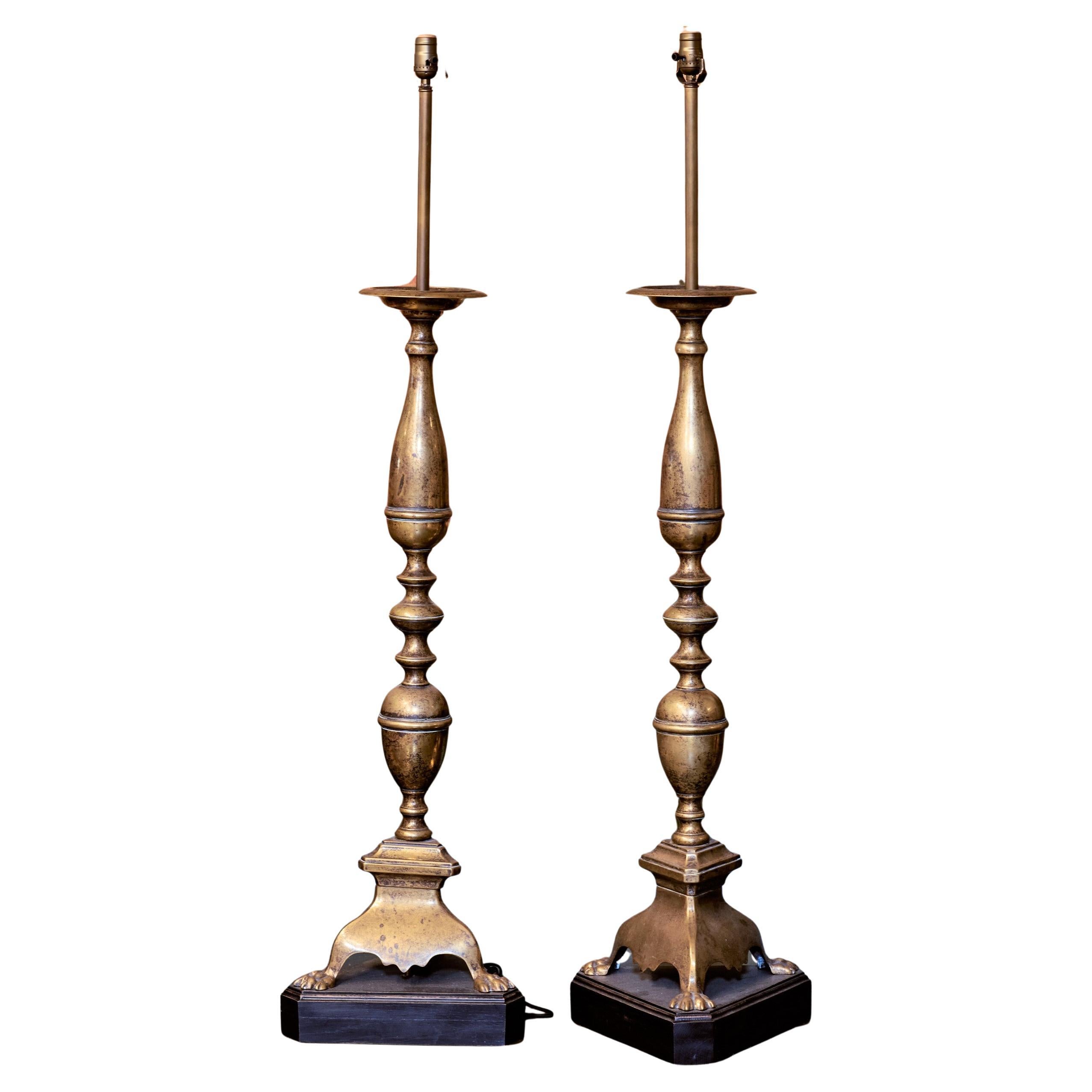 Pair of Large Hand Turned French Antique Brass Floor Lamps
