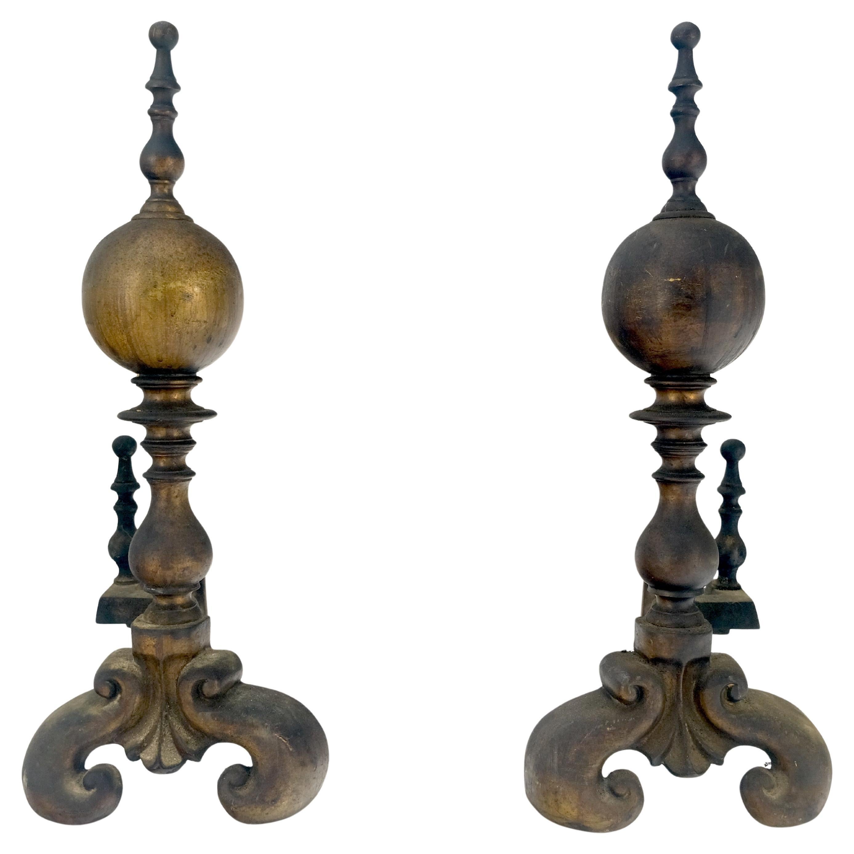Pair of Large & Heavy Brass 23" Tall Ball Shape End Irons c.1900s