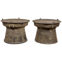 Pair of Large Heavy Bronze South Asian Rain Drum Tables