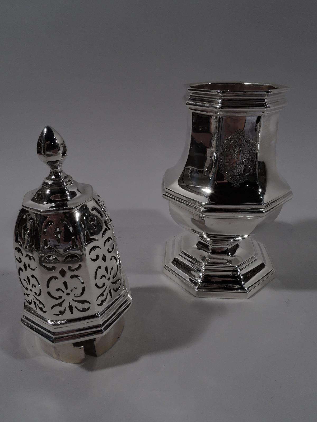 Georgian Pair of Large and Heavy English Sterling Silver Sugar Casters