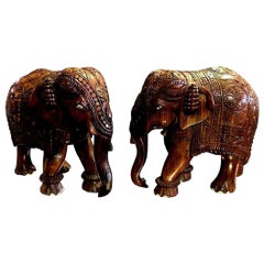 Pair of Large Heavy South India Indian Carved Hardwood Elephants with Bone Inlay