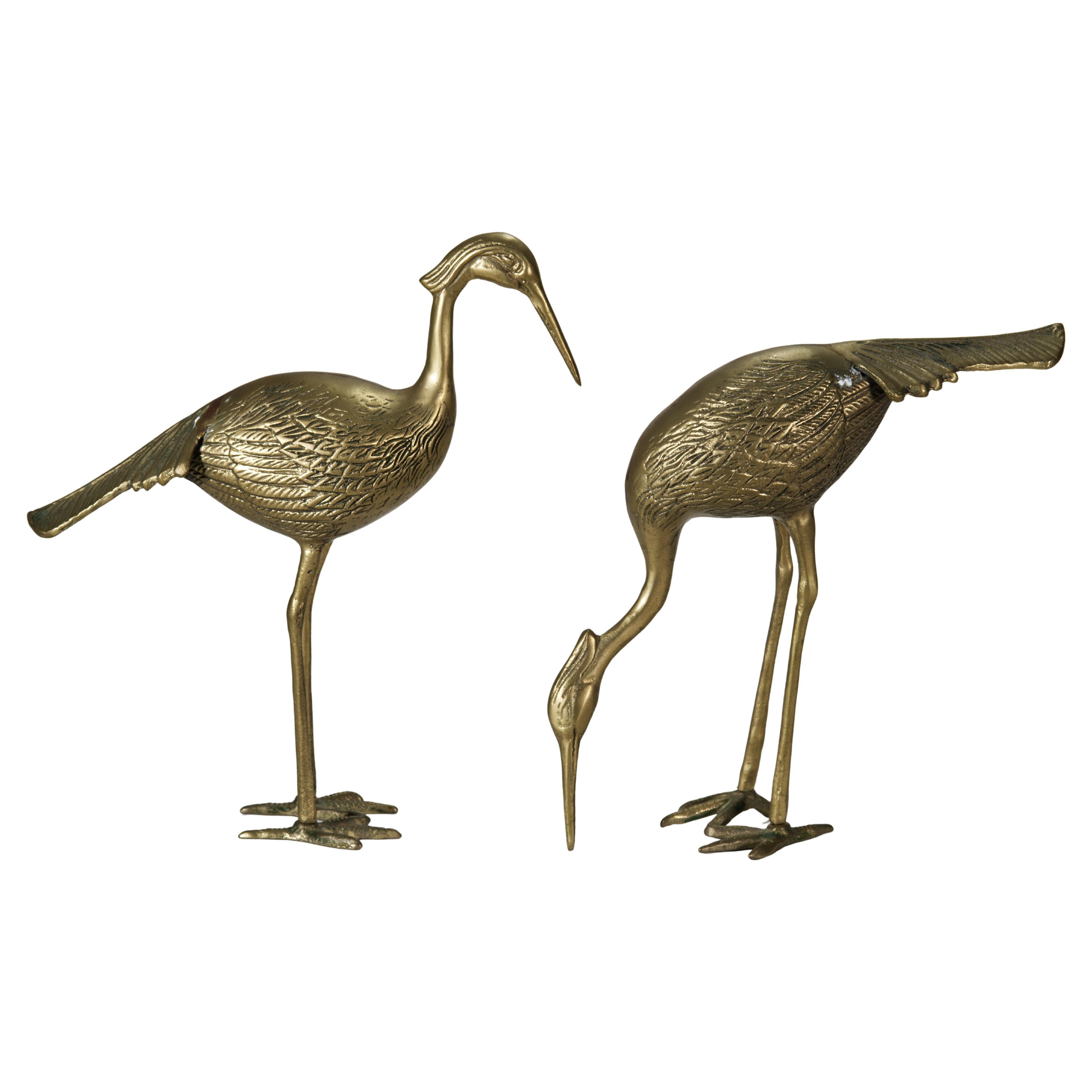 Pair of Large Hollywood Regency Brass Asian Crane Bird Sculptures 1960s