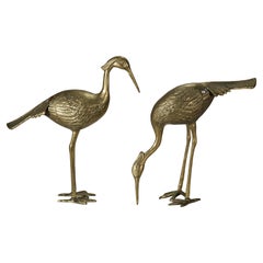 Pareja de grandes esculturas asiáticas de latón en forma de pájaro grulla del Hollywood Regency Años 60