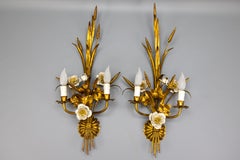 Pair of Large Hollywood Regency Gilt Metal Wheat and White Flower Sconces, 1970s