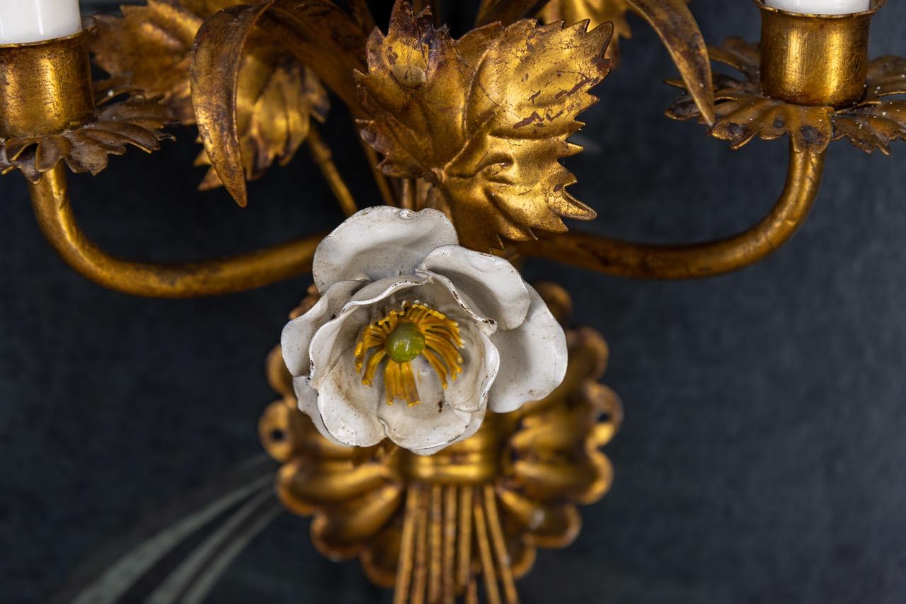 Pair of Large Hollywood Regency Gilt Metal Wheat and White Flower Sconces, 1970s For Sale 2
