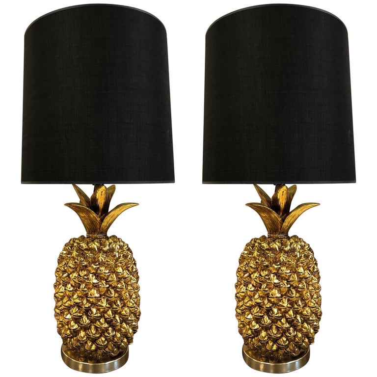 Pair of Large Hollywood Regency Gold Pineapple Lamps For Sale at 1stdibs