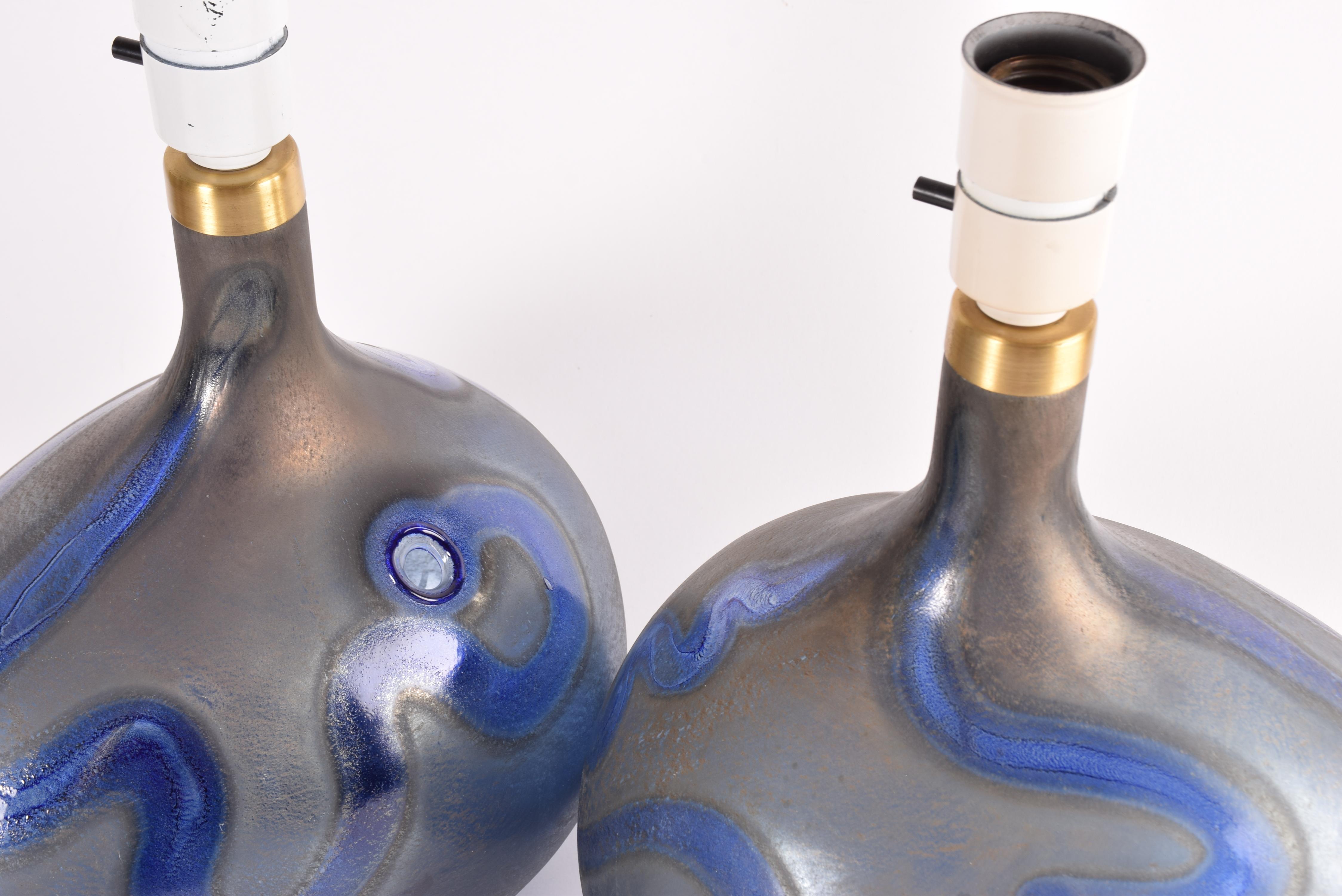Pair of Large Holmegaard Lamp Art Blue Sculptural Glass Table Lamps Danish 1970s For Sale 3