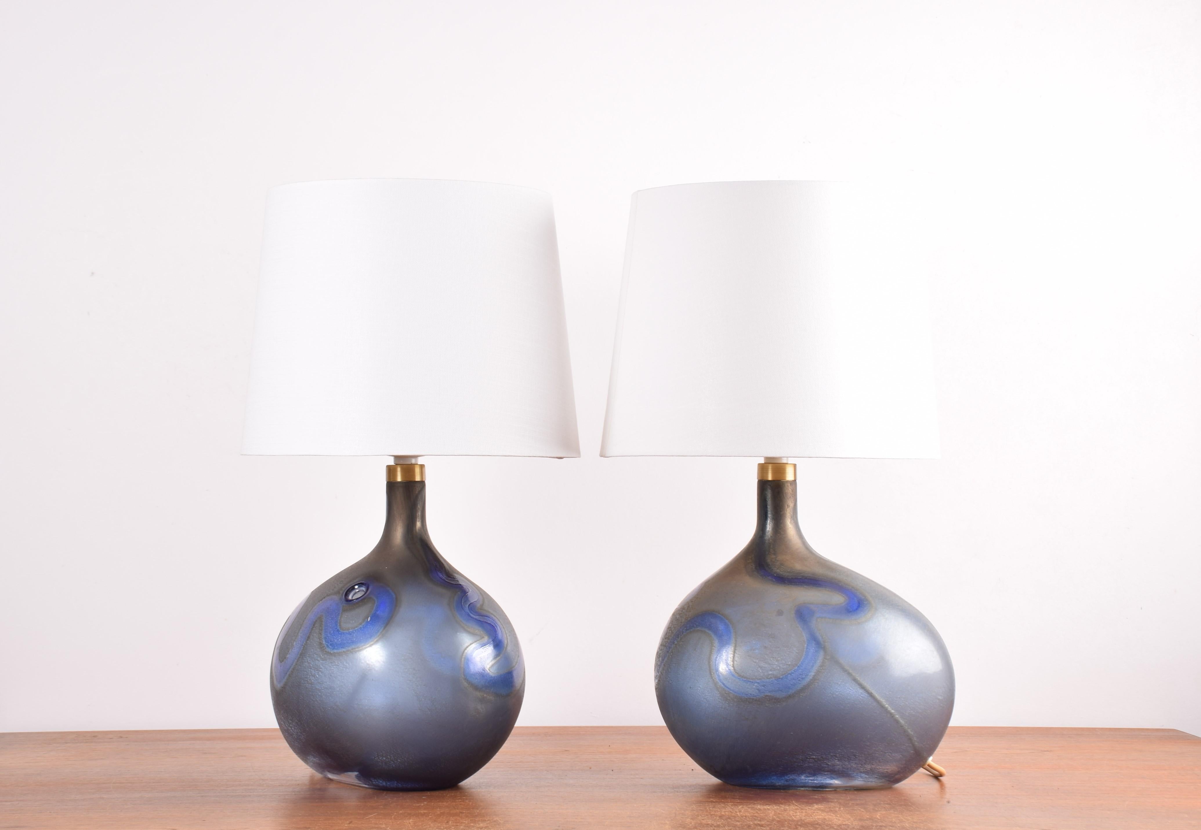 Scandinavian Modern Pair of Large Holmegaard Lamp Art Blue Sculptural Glass Table Lamps Danish 1970s For Sale