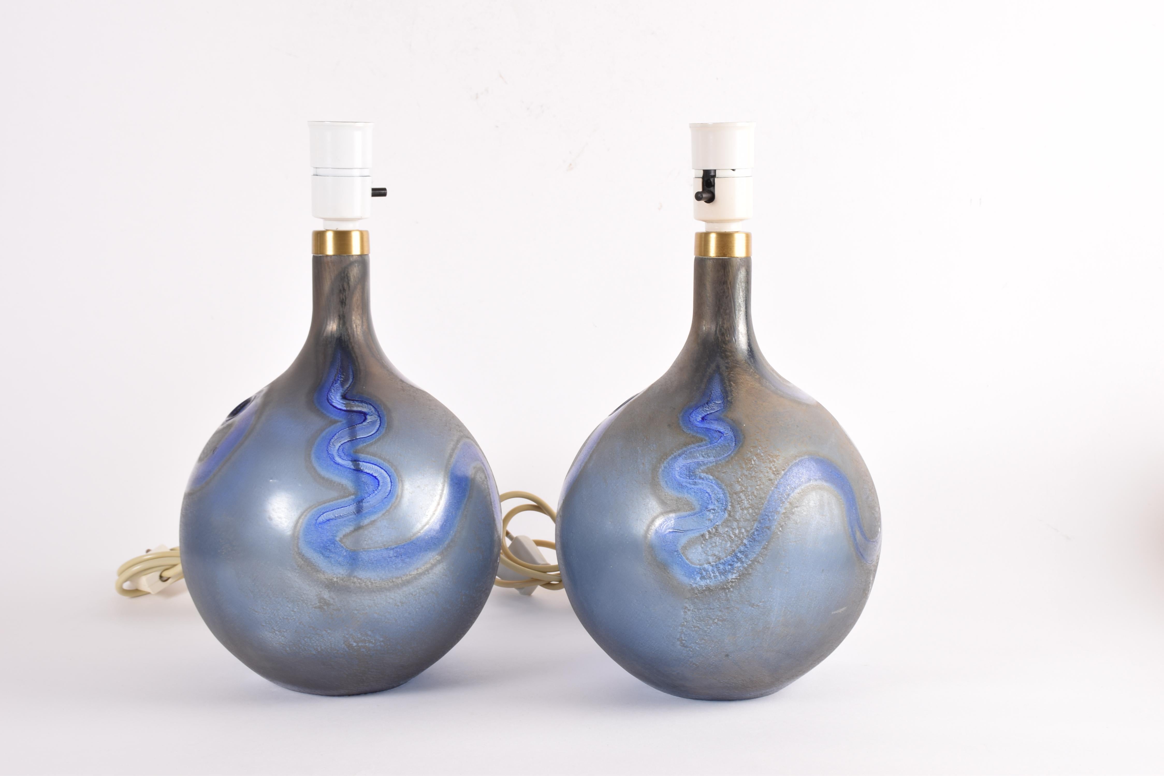 Late 20th Century Pair of Large Holmegaard Lamp Art Blue Sculptural Glass Table Lamps Danish 1970s For Sale