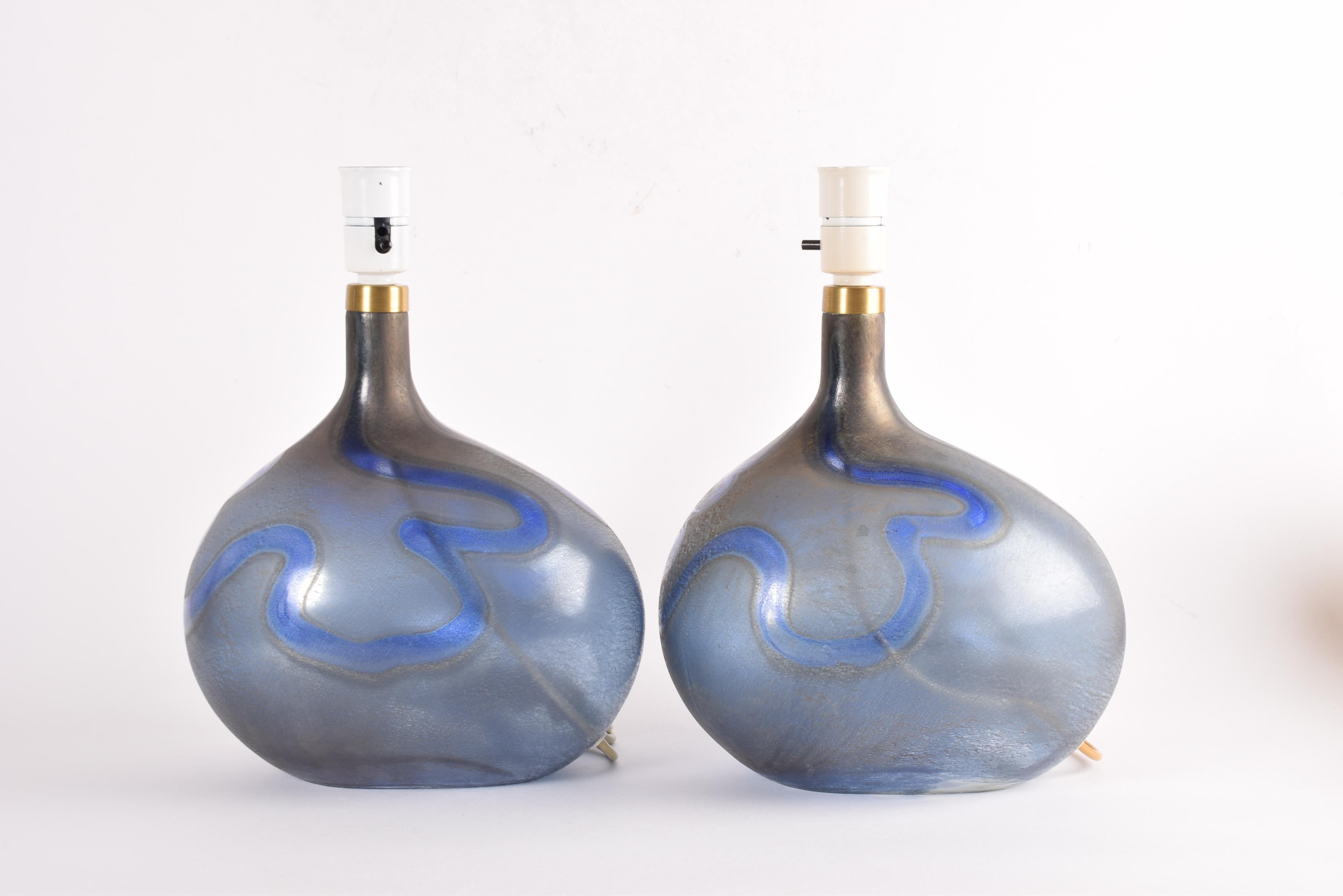 Fabric Pair of Large Holmegaard Lamp Art Blue Sculptural Glass Table Lamps Danish 1970s For Sale