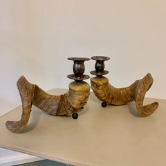 Pair of Large Horn Candlestick Holders with Brass Ball Feet