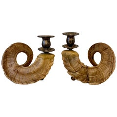 Pair of Large Horn Candlestick Holders with Brass Ball Feet