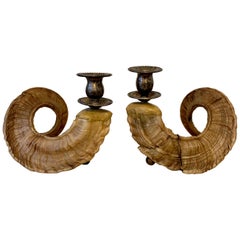 Antique Pair of Large Horn Candlestick Holders with Brass Ball Feet