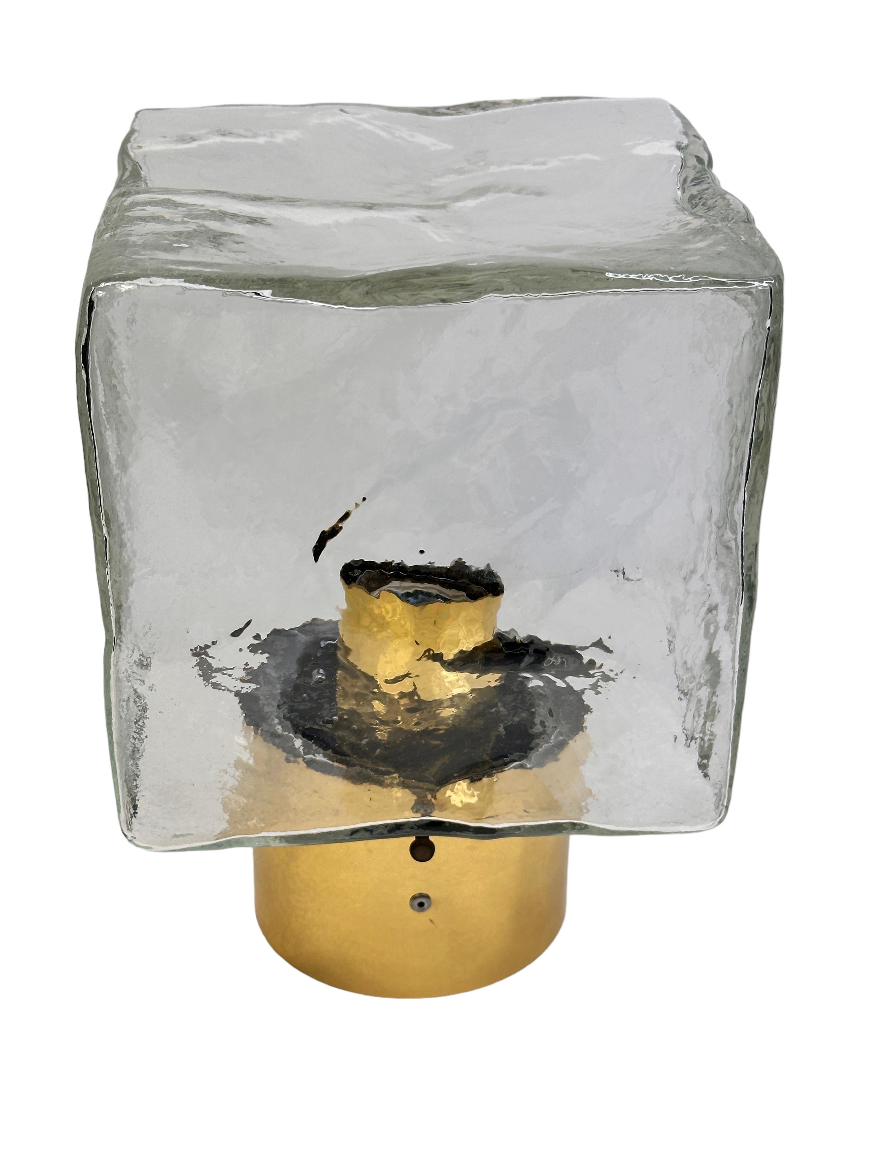 Pair of Large Ice Glass Cube Brass Flush Mount Light Fixture by Kalmar, Austria For Sale 4