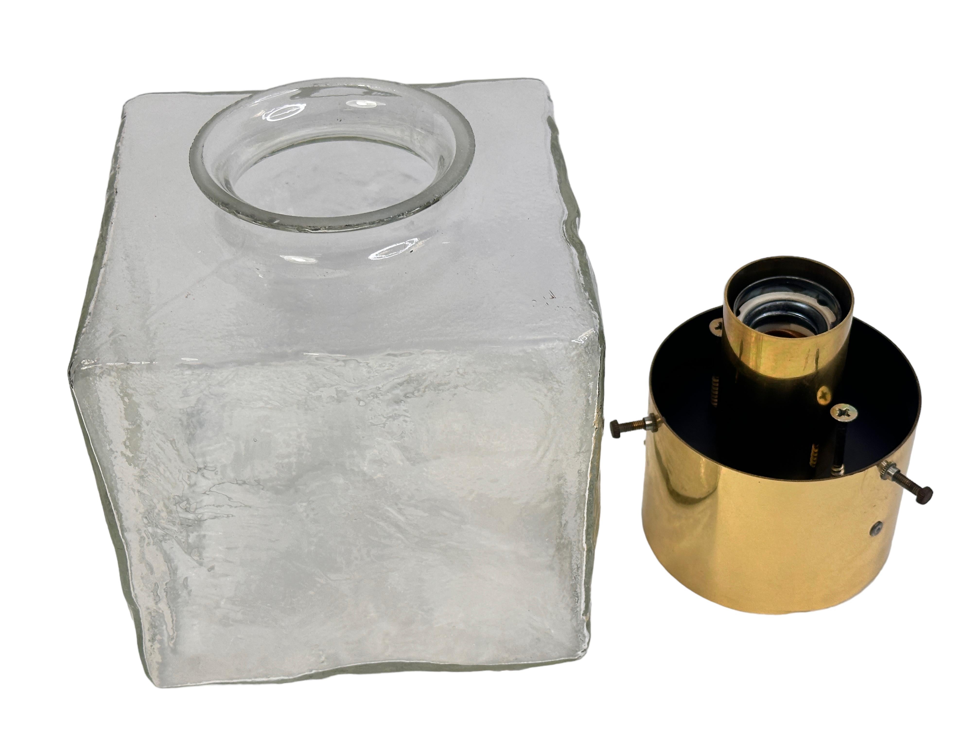 Pair of Large Ice Glass Cube Brass Flush Mount Light Fixture by Kalmar, Austria For Sale 5