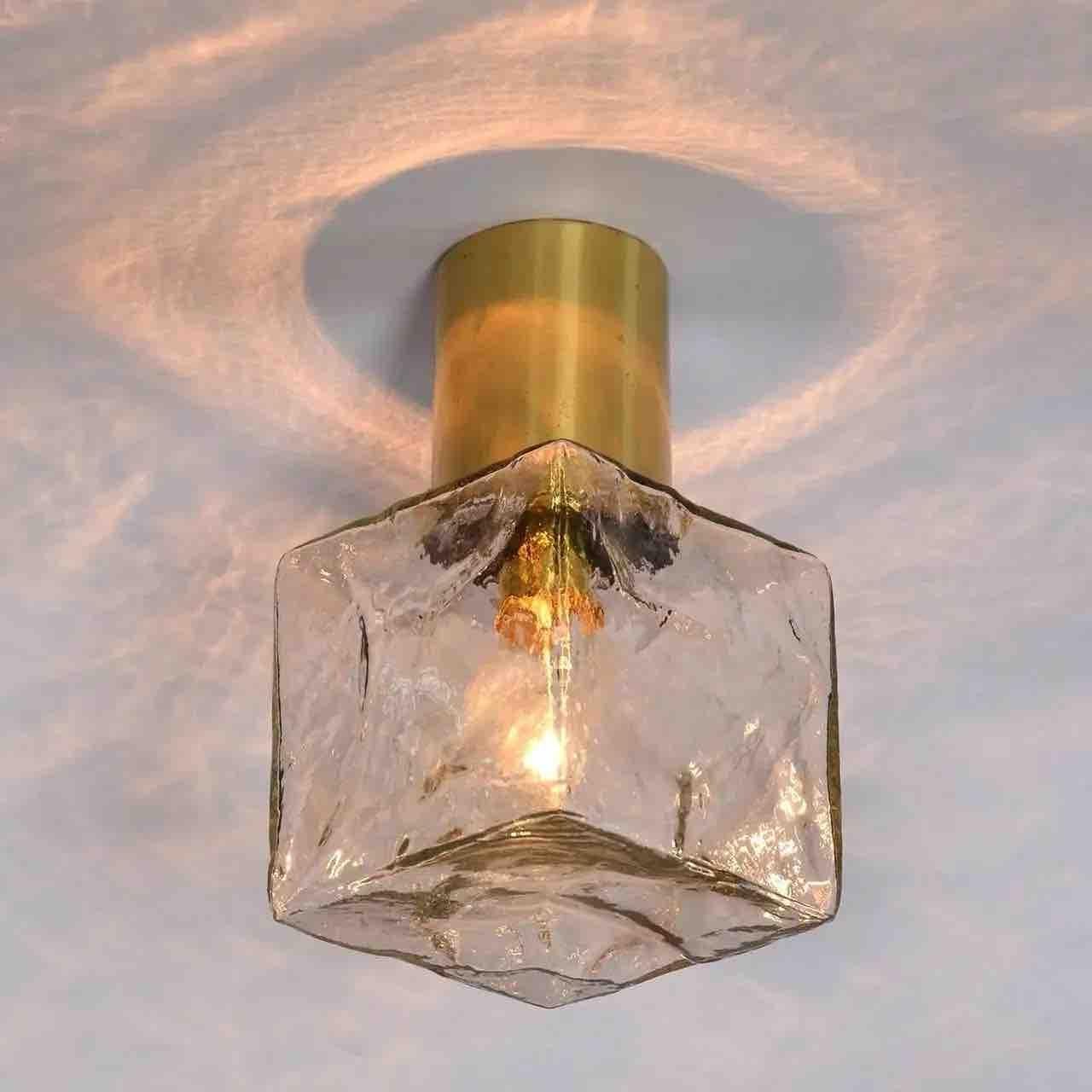 Pair of Large Ice Glass Cube Brass Flush Mount Light Fixture by Kalmar, Austria 7