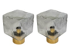 Pair of Large Ice Glass Cube Brass Flush Mount Light Fixture by Kalmar, Austria
