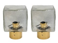 Pair of Large Ice Glass Cube Brass Flush Mount Light Fixture by Kalmar, Austria