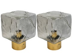 Pair of Large Ice Glass Cube Brass Flush Mount Light Fixture by Kalmar, Austria