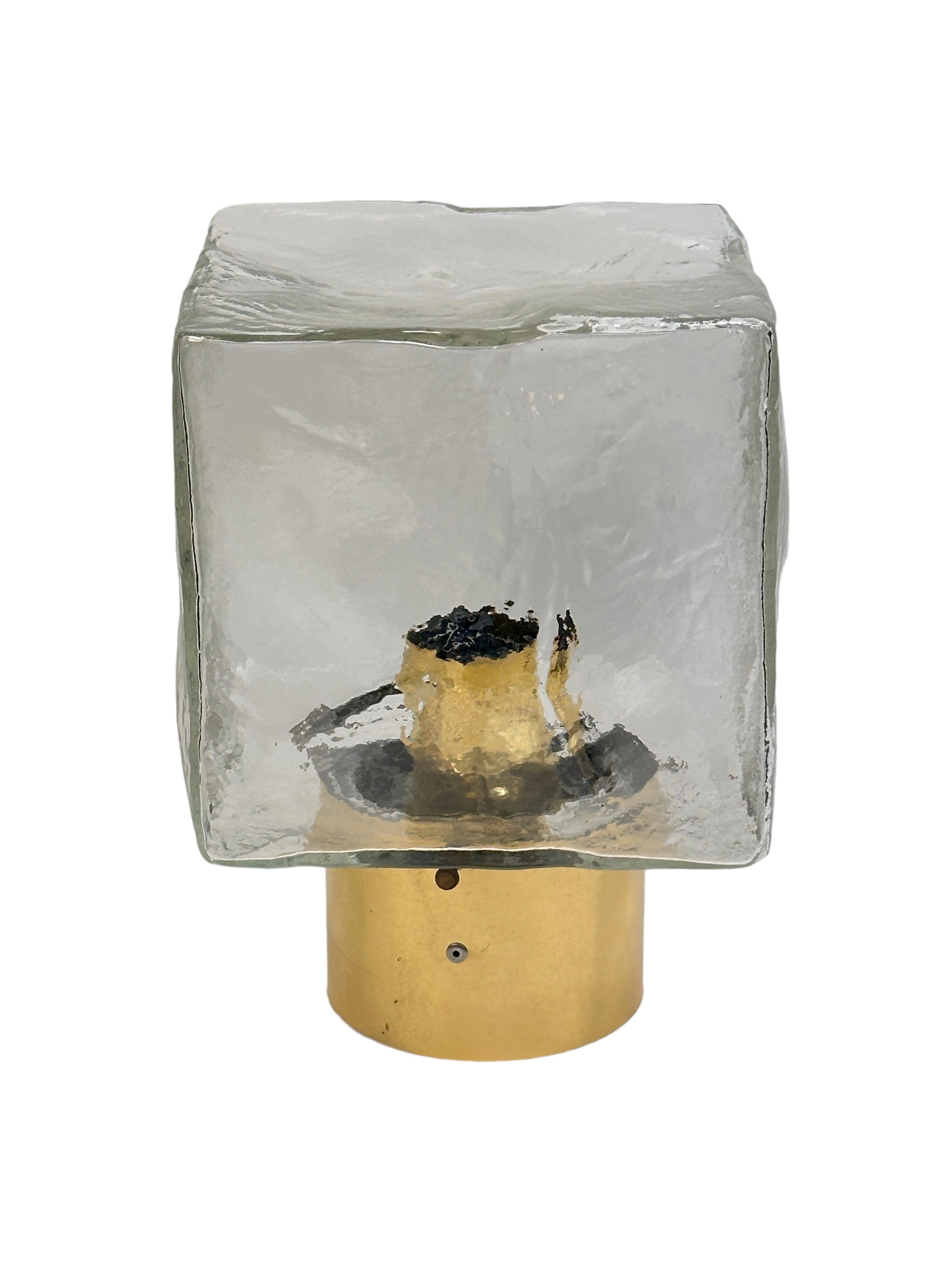 Mid-Century Modern Pair of Large Ice Glass Cube Brass Flush Mount Light Fixture by Kalmar, Austria For Sale