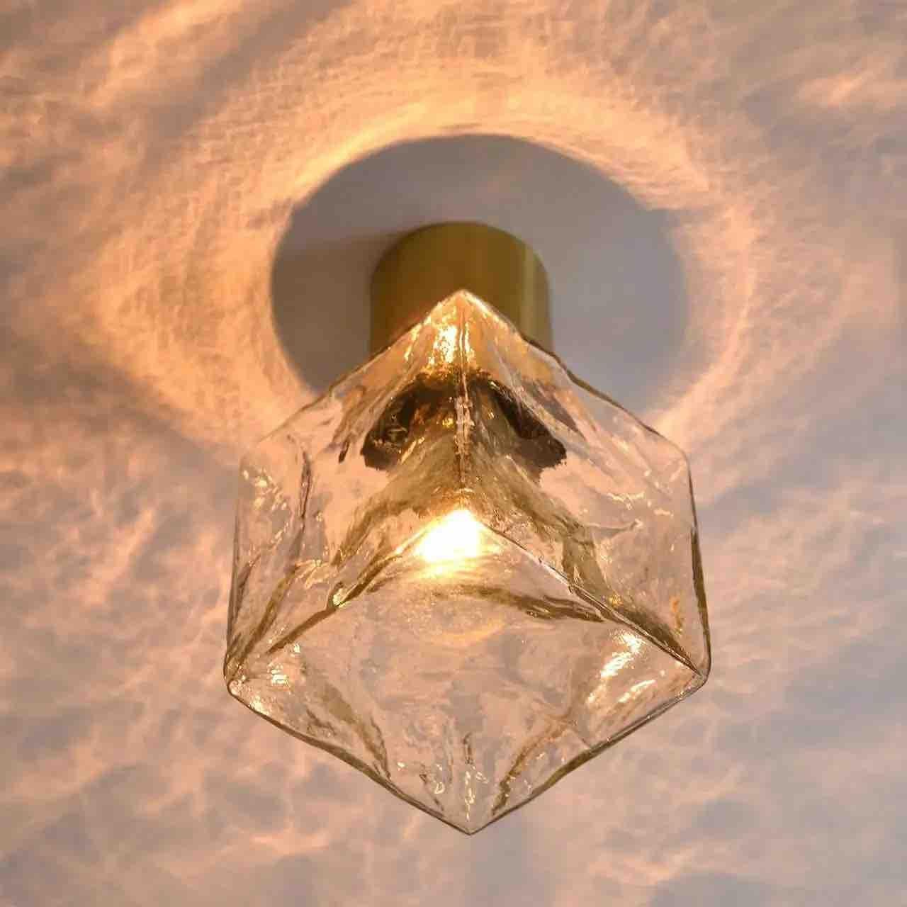 Austrian Pair of Large Ice Glass Cube Brass Flush Mount Light Fixture by Kalmar, Austria For Sale