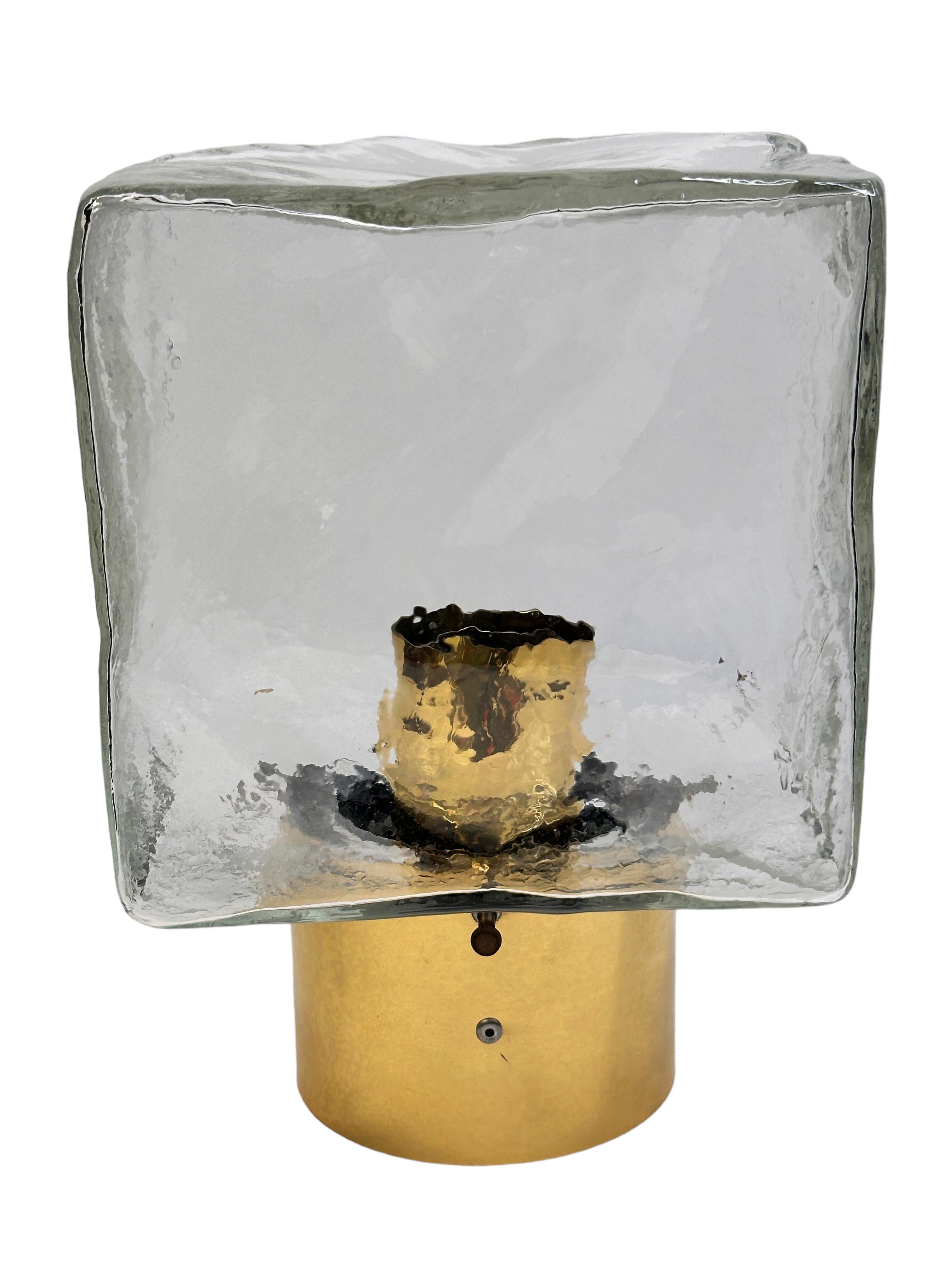 Mid-20th Century Pair of Large Ice Glass Cube Brass Flush Mount Light Fixture by Kalmar, Austria For Sale