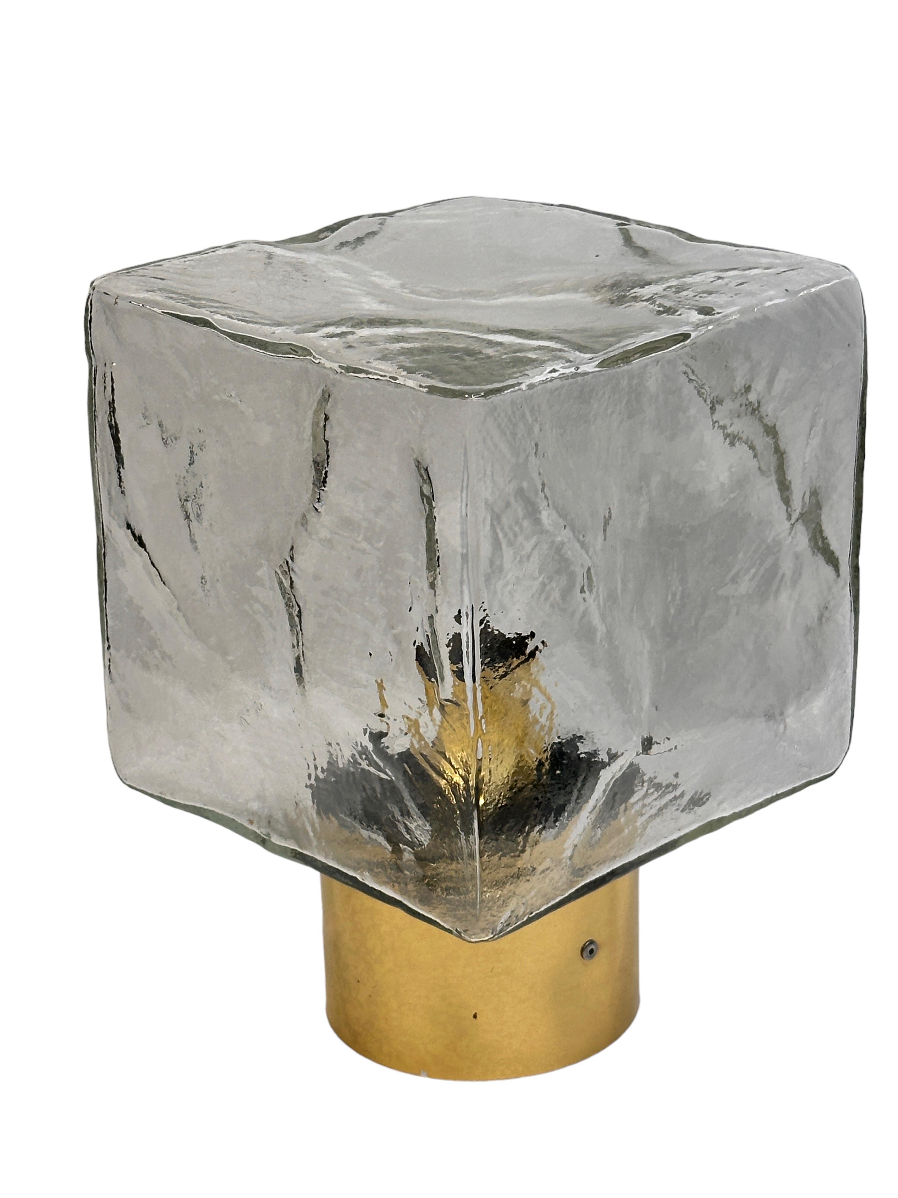 Metal Pair of Large Ice Glass Cube Brass Flush Mount Light Fixture by Kalmar, Austria For Sale