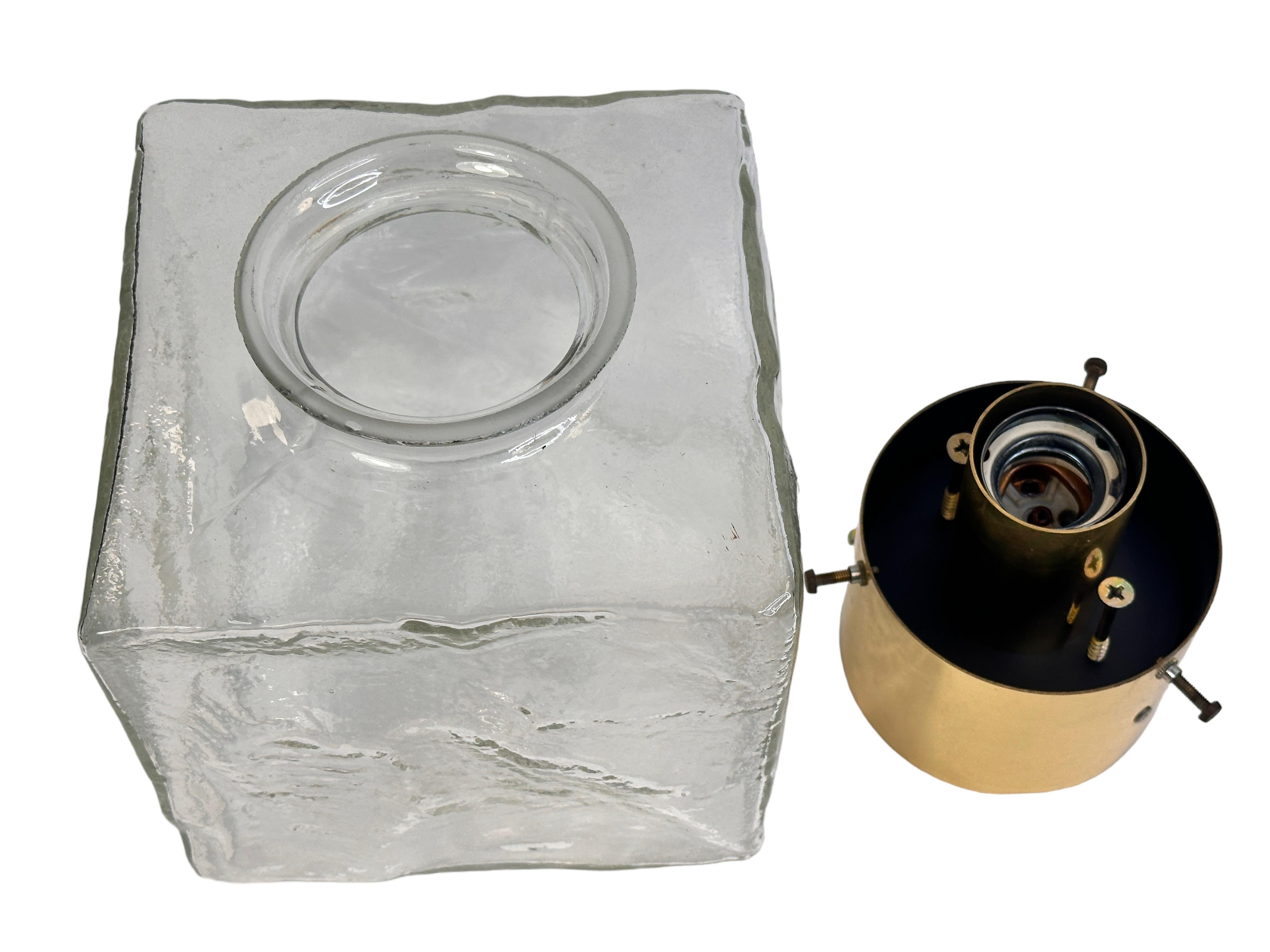 Pair of Large Ice Glass Cube Brass Flush Mount Light Fixture by Kalmar, Austria 1