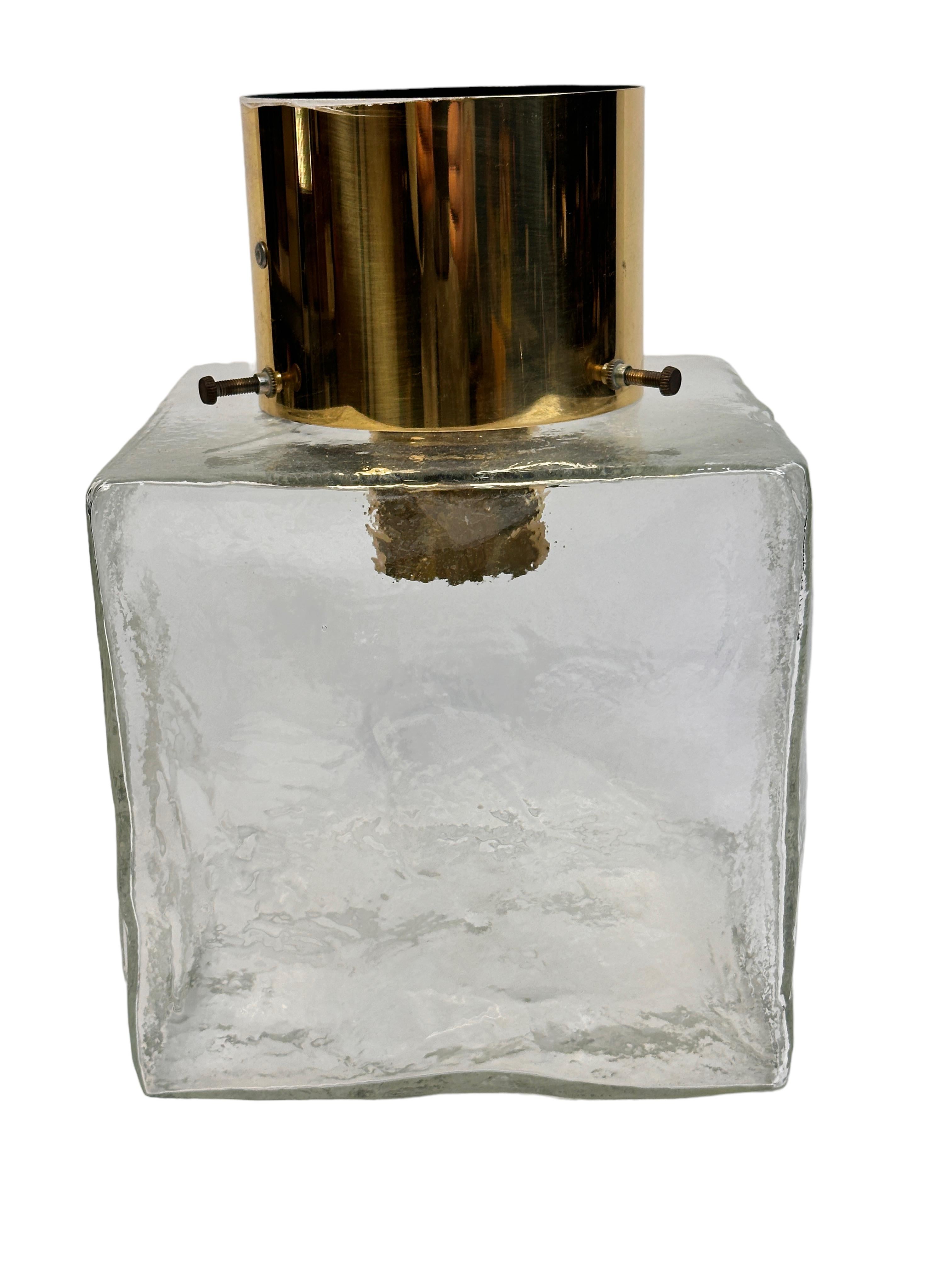Pair of Large Ice Glass Cube Brass Flush Mount Light Fixture by Kalmar, Austria For Sale 1