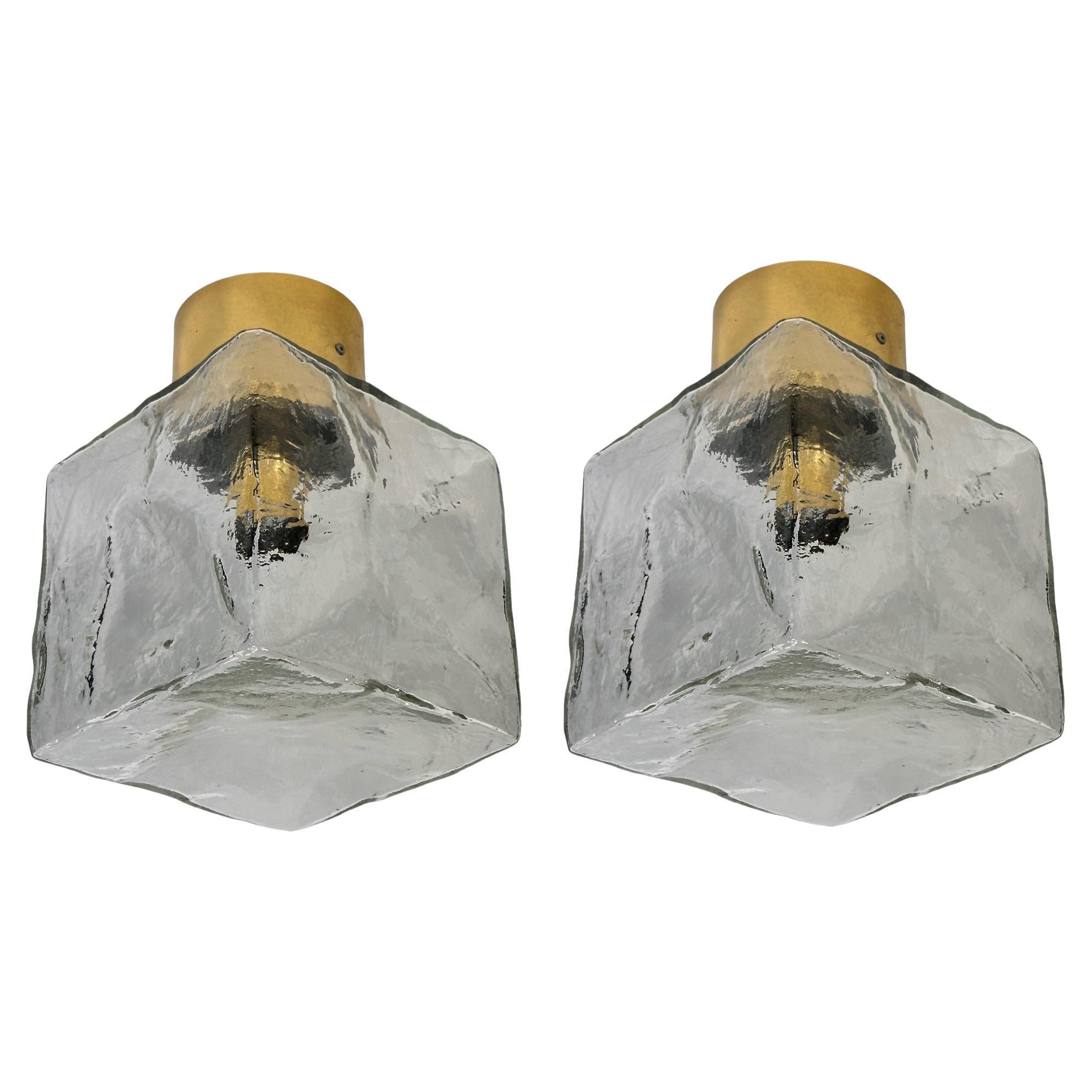 Pair of Large Ice Glass Cube Brass Flush Mount Light Fixture by Kalmar, Austria