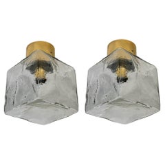 Vintage Pair of Large Ice Glass Cube Brass Flush Mount Light Fixture by Kalmar, Austria