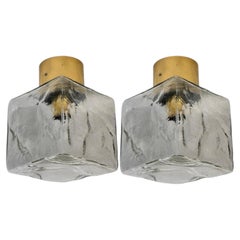 Pair of Large Ice Glass Cube Brass Flush Mount Light Fixture by Kalmar, Austria