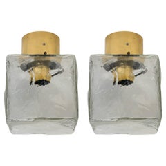 Pair of Large Ice Glass Cube Brass Flush Mount Light Fixture by Kalmar, Austria